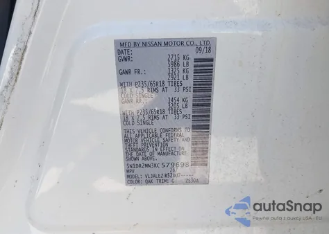 2019 Nissan Pathfinder Sv z USA, uszkodzony, nr VIN 5N1DR2MN3KC579698